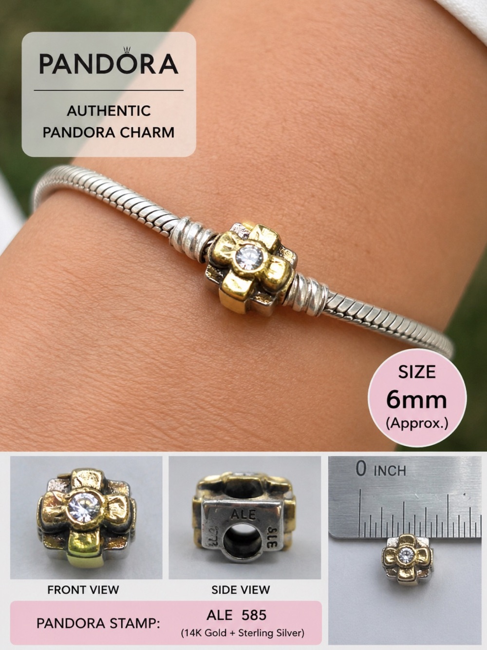 Pandora Gold Bow Charm on a sterling present 🎁 with Crystal (charm only)